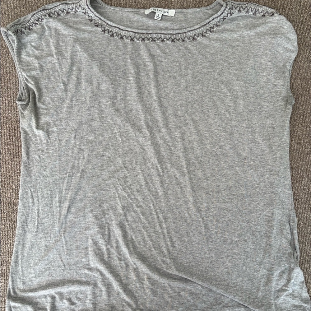 Rose & Olive Light Gray Embroidered Short Sleeve Top